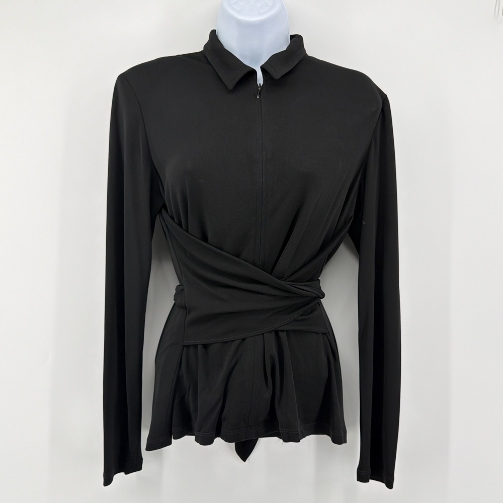 Lafayette 148 New York Zip Polo Collar Wrap Tie Waist Blouse Top Black Size 4
